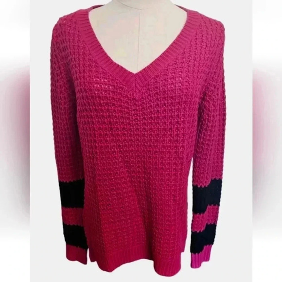 Rue21 Sweaters - Rue21 Knit Sweater Pullover Magenta/ Pink Black Stripes Long Sleeves Size Med
